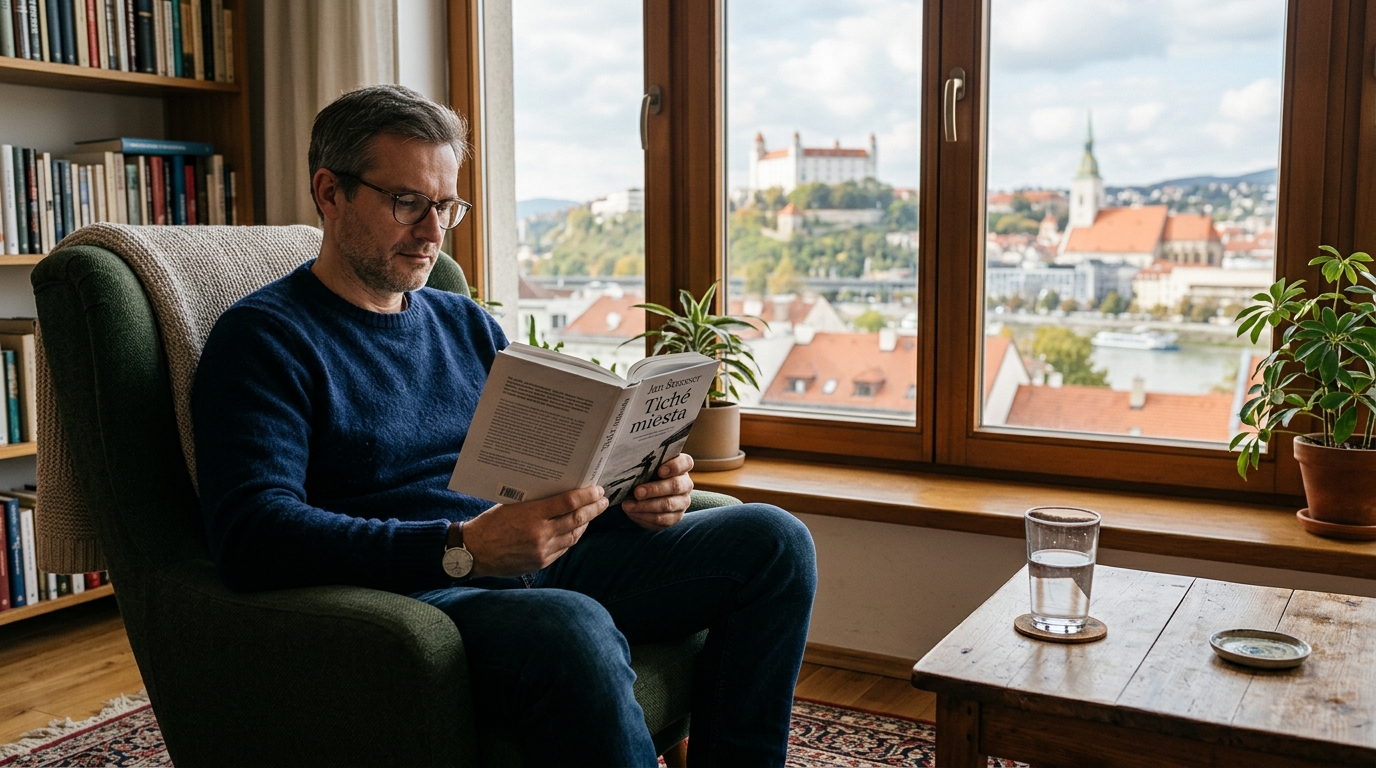 Muž stredných rokov sedí pri okne v bratislavskom byte s otvorenou knihou a pohárom vody na drevenom stolíku